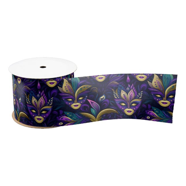 Mardi Gras with golden yellow masks Satin Ribbon (Spool)