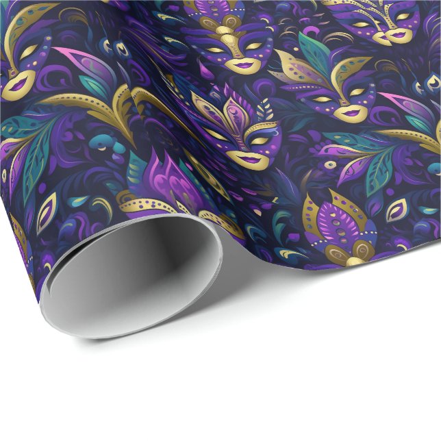 Mardi Gras with golden yellow masks Wrapping Paper (Roll Corner)