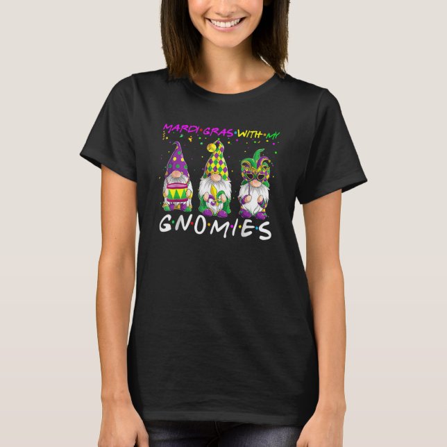 Mardi Gras With My Gnomies Three Gnome Mask Beads T-Shirt (Front)