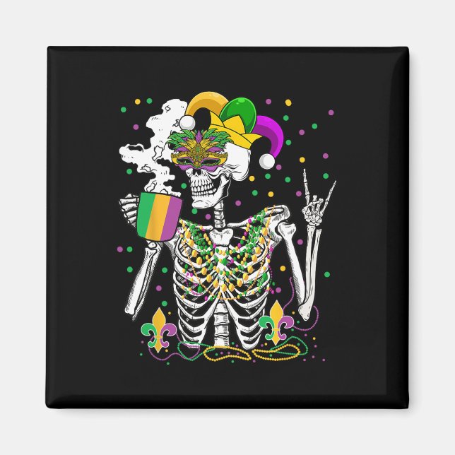 Mardi Gras X-ray Skeleton Drinking Coffee Cute Hea Magnet (Front)