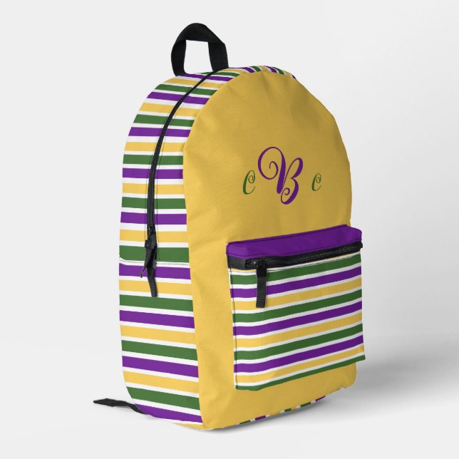 mardi gras yellow/purple/green striped printed backpack (Back Corner Left)