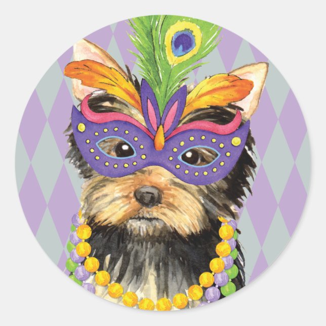 Mardi Gras Yorkie Classic Round Sticker (Front)