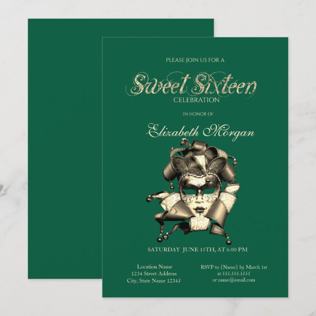 Mardi Grass Masque Green Sweet 16 Invitation (Front/Back)