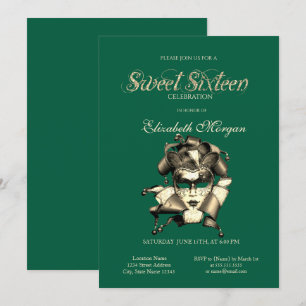 Mardi Grass Masque Green Sweet 16 Invitation