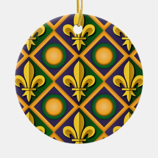 Mardi grass pattern with golden fleur-de-lis ceramic tree decoration (Front)