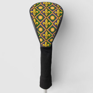 Mardi grass pattern with golden fleur-de-lis golf head cover