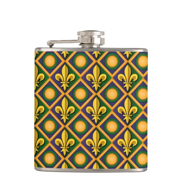 Mardi grass pattern with golden fleur-de-lis hip flask (Front)