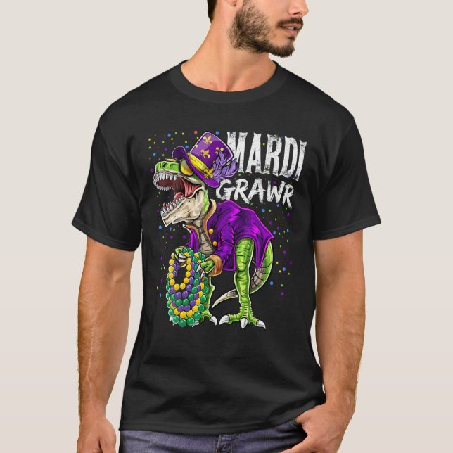 Mardi Grawr T Rex Dinosaur Mardi Gras Bead Costume T-Shirt (Front)