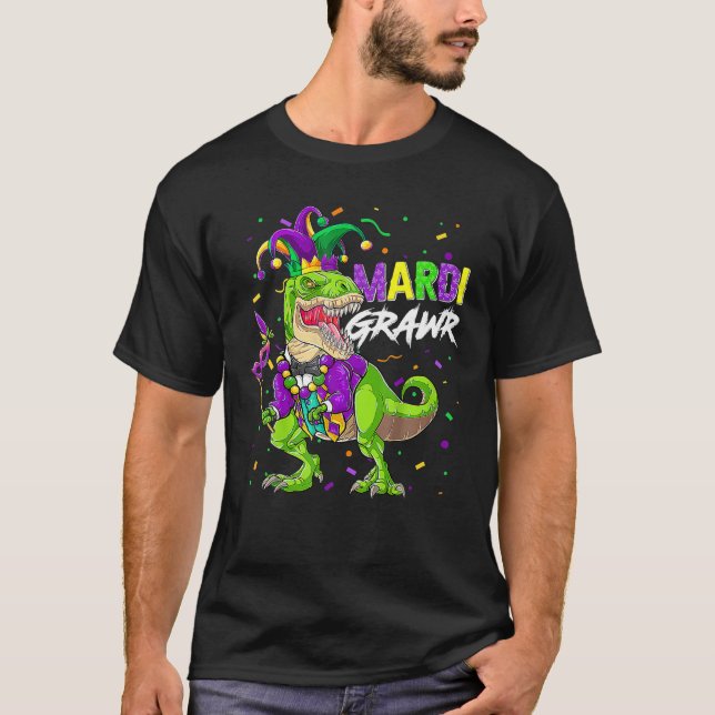 Mardi Grawr T Rex Dinosaur Mardi Gras Bead Costume T-Shirt (Front)