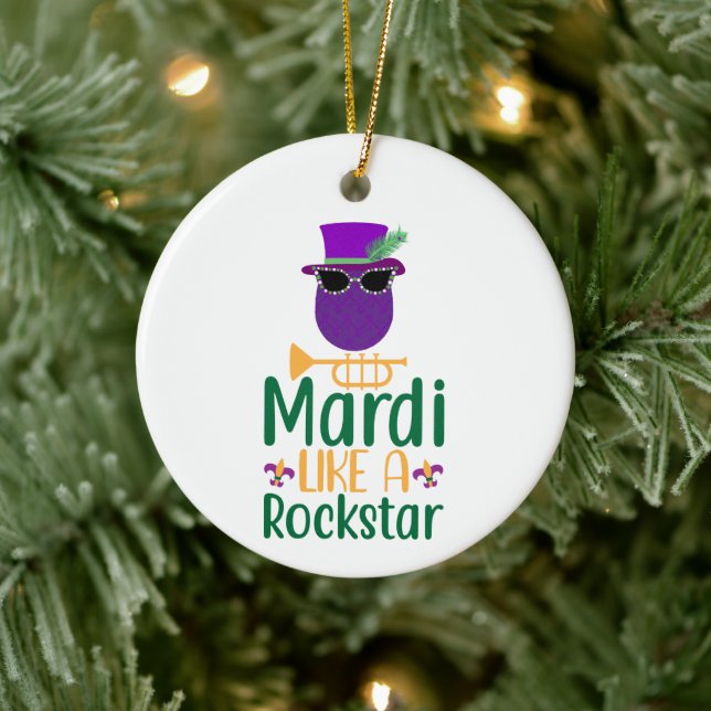 Mardi Like A Rockstar Typography Personalised Ceramic Tree Decoration (Tree)