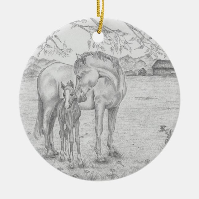 Mare and Foal Ceramic Tree Decoration (Front)