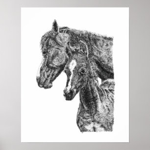 Mare Foal Pointillism Horse Colt Equine Fine Art Poster