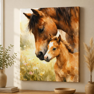 Mare & Foal Watercolor Beneath Her Gentle Gaze Canvas Print