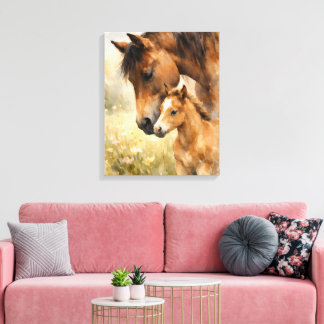Mare & Foal Watercolor Beneath Her Gentle Gaze  Canvas Print