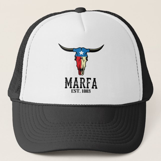 Marfa Texas Bull Longhorn Skull Texan Flag Art Trucker Hat (Front)
