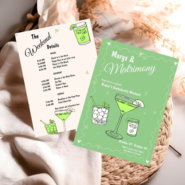 Marg & Matrimony Bachelorette Weekend Itinerary Invitation (Creator Uploaded)