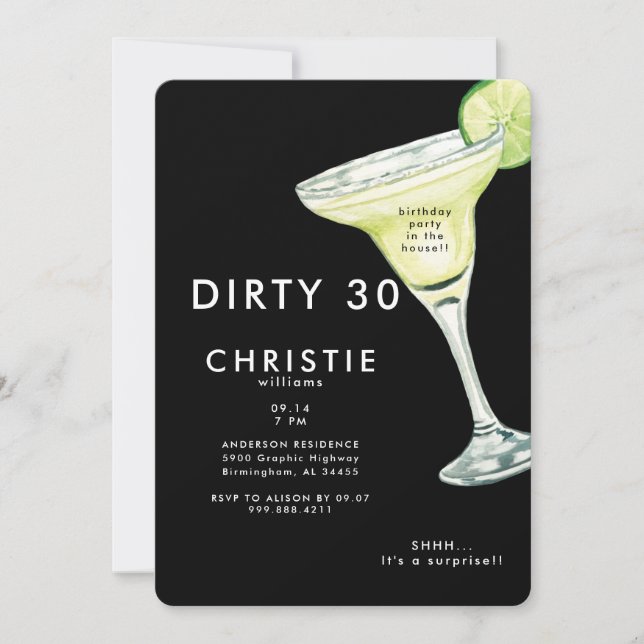 Margarita 30th Surprise Black Birthday Party II Invitation (Front)