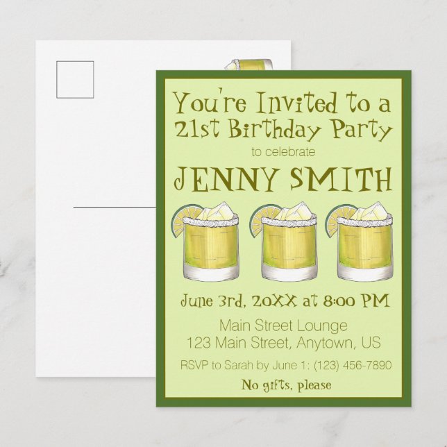 Margarita Cocktail 21st Birthday Bachelorette Invitation Postcard (Front/Back)
