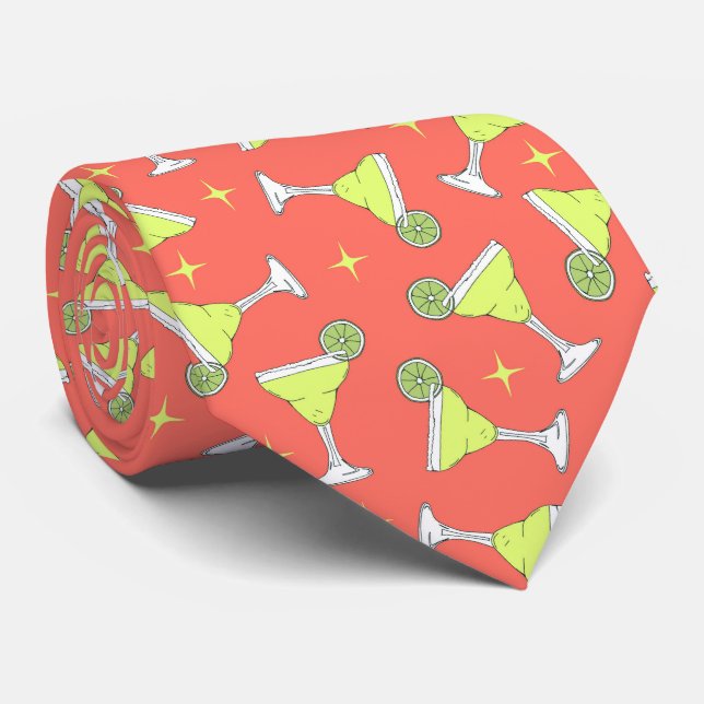 Margarita Cocktails Retro Patterned Coral Pink Tie (Rolled)