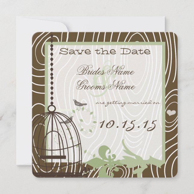 Margarita Green Wood Grain Bird Cage Save the Date Invitation (Front)