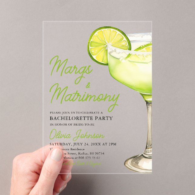 Margarita Margs & Matrimony Cocktail Bachelorette Acrylic Invitations (Insitu (Handheld))