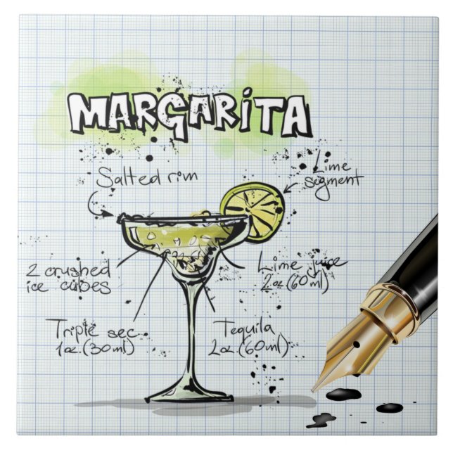 Margarita Recipe Drawing Bar Tile (Front)