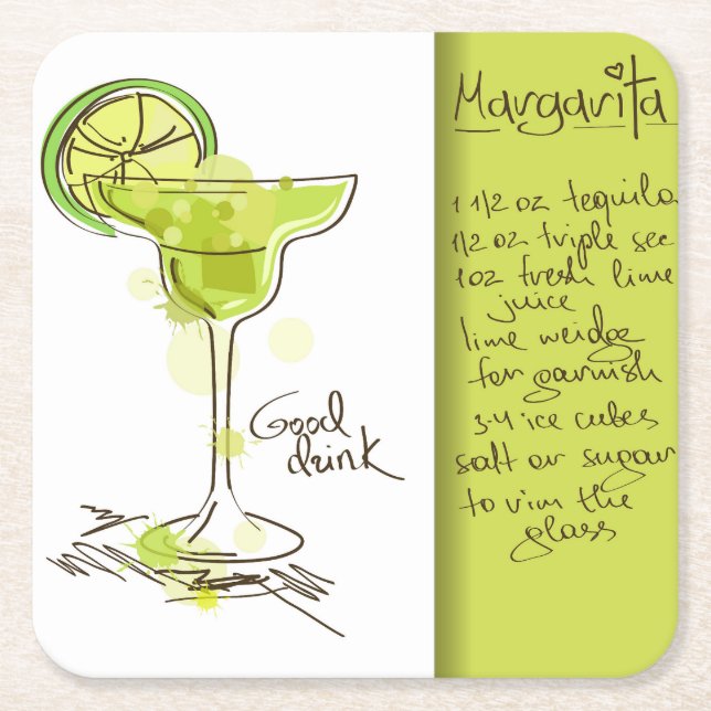 Margarita Recipe Square Paper Coaster (Front)