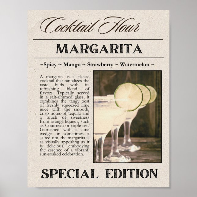 Margarita Vintage Style Newspaper Art Print (Front)