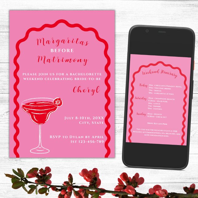 Margaritas And Matrimony Bachelorette Weekend Invitation (Margaritas And Matrimony Bachelorette Weekend Itinerary Hot Pink And Red Wavy Arch)