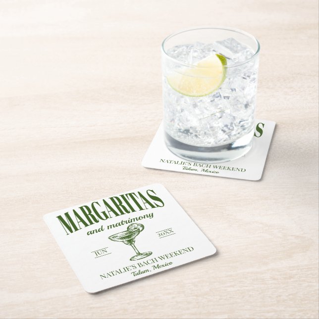 Margaritas And Matrimony Personalised Bachelorette Square Paper Coaster (Insitu)