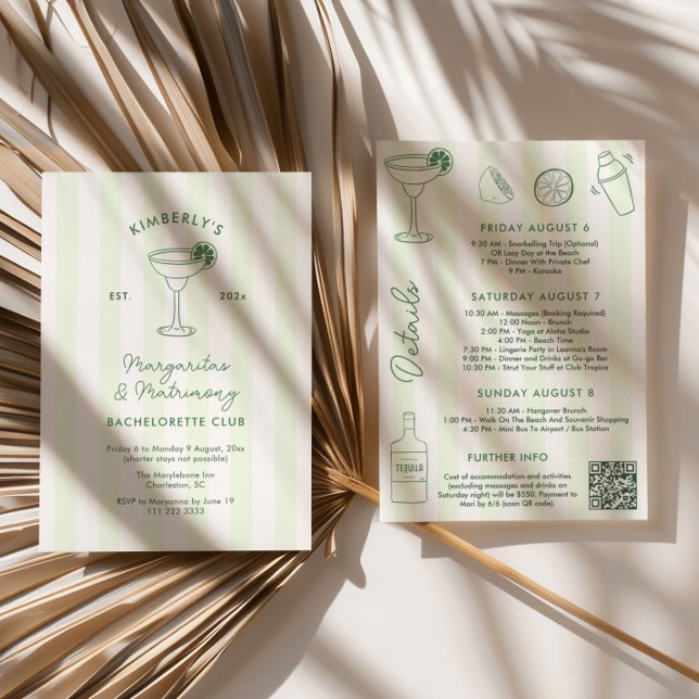 Margaritas and Matrimony Social Club Bachelorette Invitation (Doodle style green and white Margaritas and Matrimony bachelorette weekend party invitations)