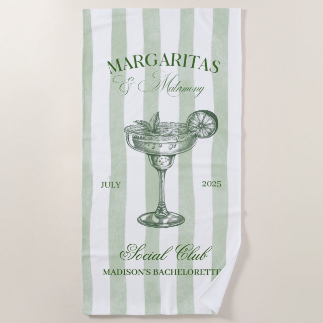 Margaritas and Matrimony Striped Bachelorette Beach Towel (Front)