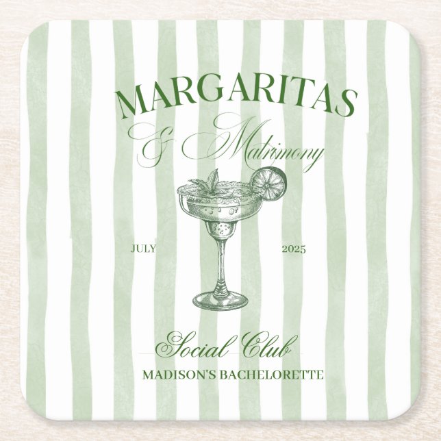 Margaritas and Matrimony Striped Bachelorette Square Paper Coaster (Front)