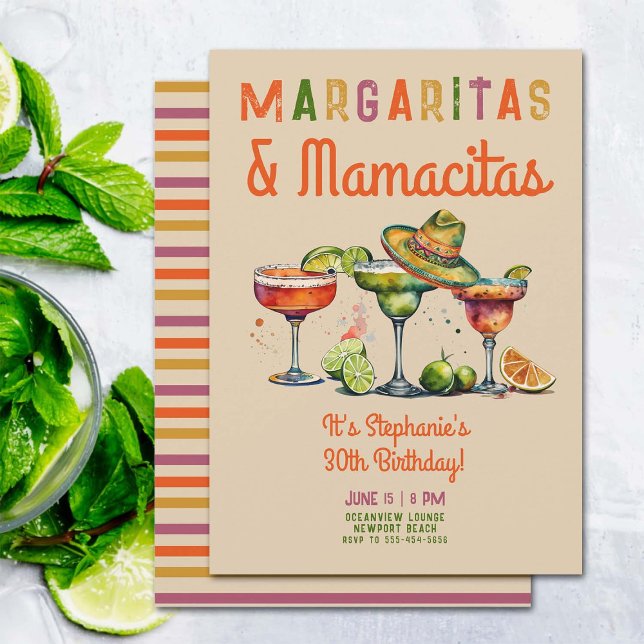 Margaritas Mamacitas Colourful Fiesta 30th Birthda Invitation (margaritas mamacitas 30th birthday party invitation fiesta theme cocktails colorful watercolor)