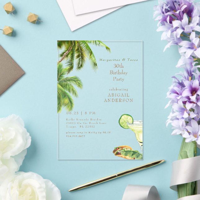 Margaritas & Tacos Tropical Birthday Party Acrylic Invitations (Insitu (Wedding))