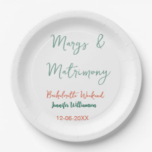 Margs and matrimony add name date bachelorette par paper plate