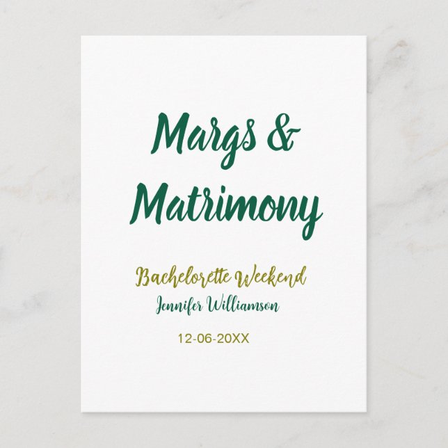 Margs and matrimony add name date bachelorette par postcard (Front)