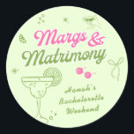 Margs and Matrimony Bachelorette Classic Round Sticker<br><div class="desc">Celebrate in style with this Personalised Margs and Matrimony Bachelorette Classic Round Sticker! Perfect for a margarita themed bachelorette party, this chic design adds a fun touch to your event. Whether you're planning a Palm Springs bachelorette, a pool party bachelorette, or exploring Mexico bachelorette party themes, this sticker is a...</div>