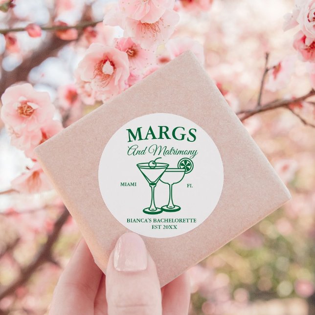 Margs and Matrimony  Beach Bachelorette party  Classic Round Sticker (Creator Uploaded)