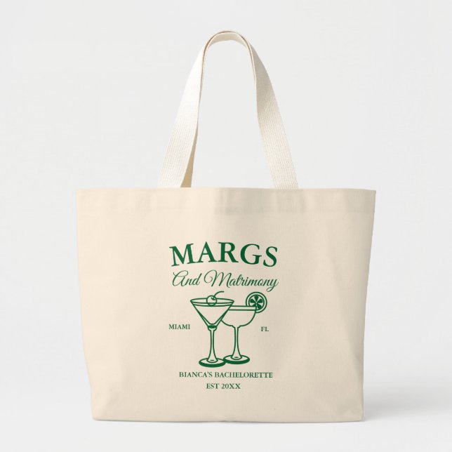 Margs and Matrimony  Beach Bachelorette party  Large Tote Bag (Front)