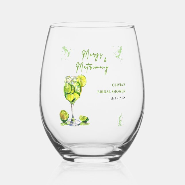 Margs and Matrimony Cocktail Bridal Shower Stemless Wine Glass (Front)