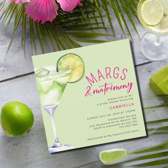 Margs and Matrimony Lime Green Pink Bridal Shower  Invitation (Creator Uploaded)