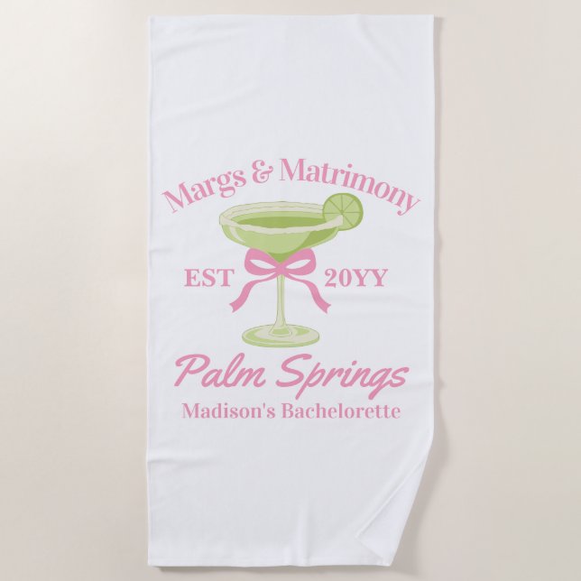 Margs and Matrimony Margaritas Bachelorette Party Beach Towel (Front)