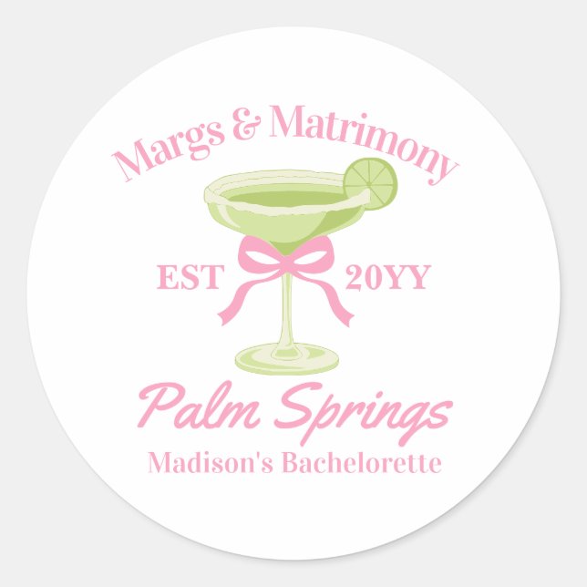Margs and Matrimony Margaritas Bachelorette Party Classic Round Sticker (Front)