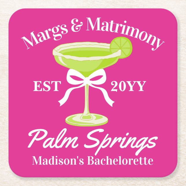 Margs and Matrimony Margaritas Bachelorette Party Square Paper Coaster (Front)