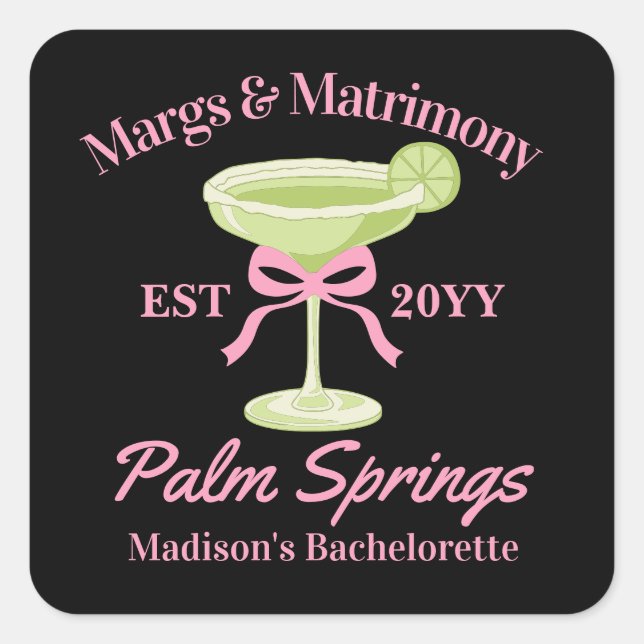 Margs and Matrimony Margaritas Bachelorette Party Square Sticker (Front)