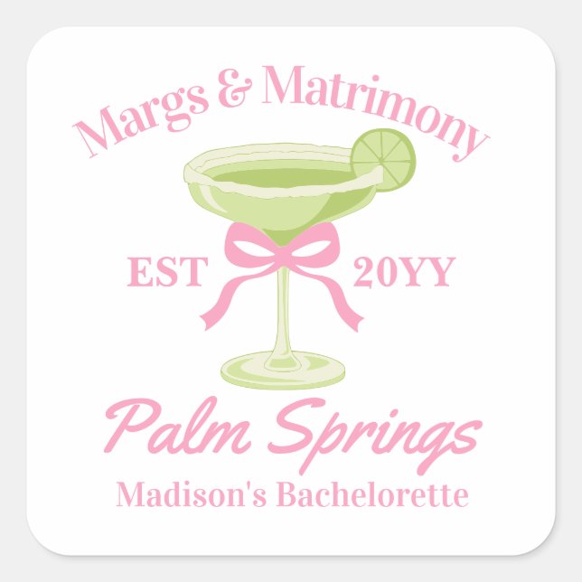 Margs and Matrimony Margaritas Bachelorette Party Square Sticker (Front)
