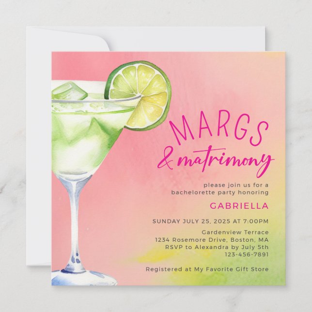 Margs and Matrimony Pink Green Bachelorette Party Invitation (Front)