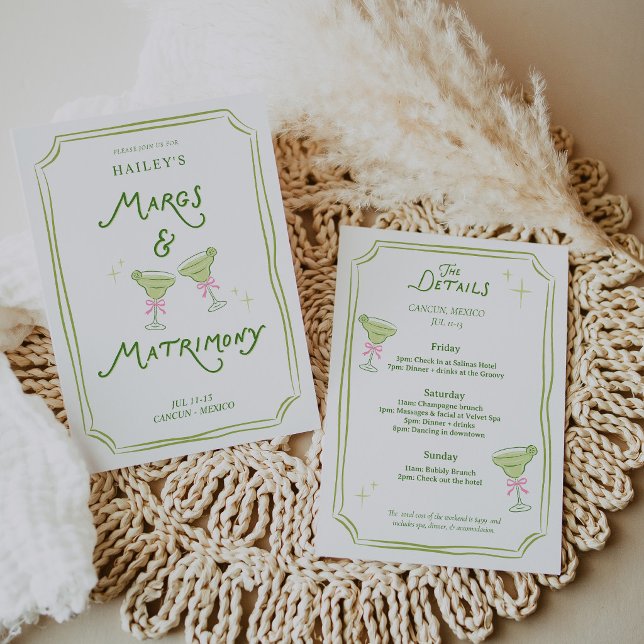 Margs & Matrimony Bachelorette Itinerary Invitation (Margs & Matrimony Bachelorette Invitation – Margarita Theme Party Invite, Fun Bridal Shower Invite, )