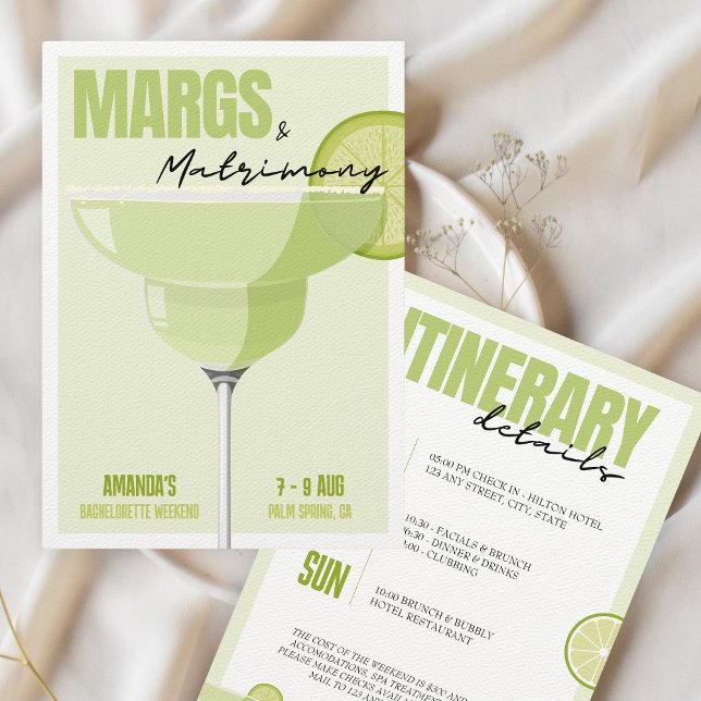 Margs & Matrimony Bachelorette Weekend itinerary Invitation (Margs & Matrimony bachelorette weekend invitation)